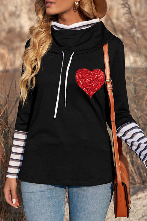 Black Valentines Glitter Heart Print Striped Cowl Neck Sweatshirt