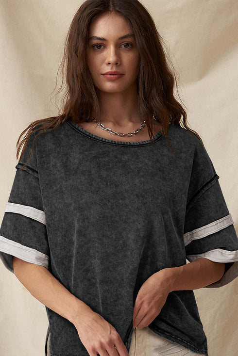 Black Varsity Stripe Half Sleeve Vintage Tee