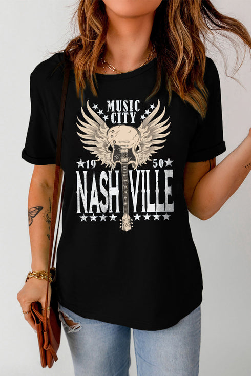 Black Vintage Music City Graphic Print T Shirt