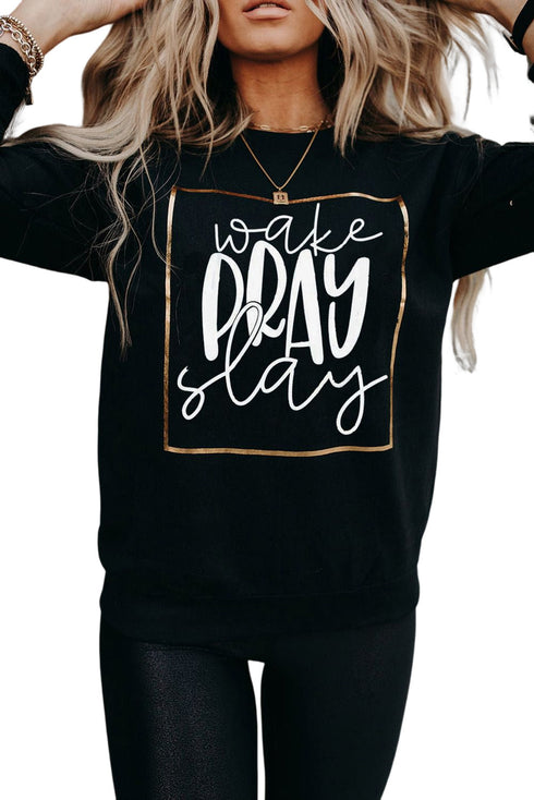 Black Wake Pray Slay Glitter Print Pullover Sweatshirt