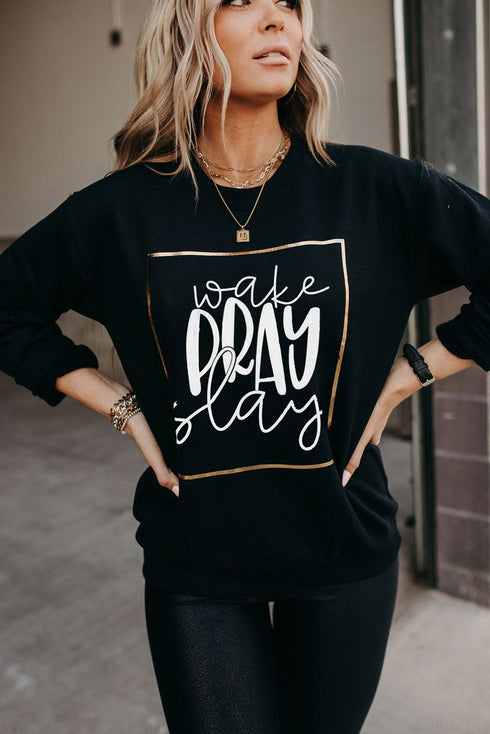 Black Wake Pray Slay Glitter Print Pullover Sweatshirt