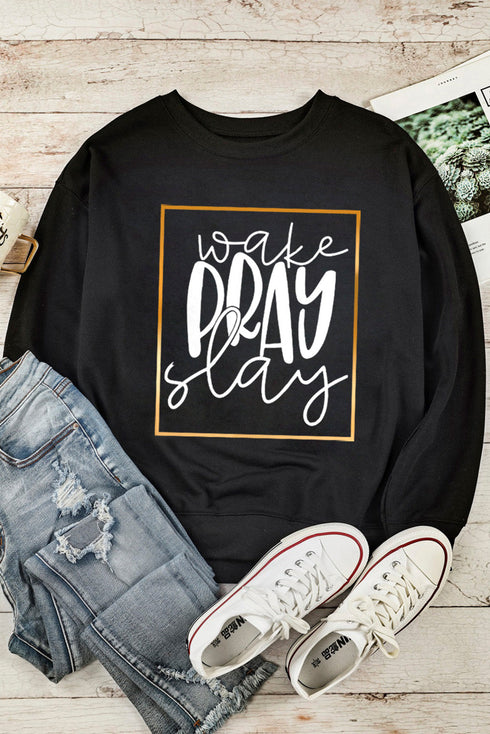 Black Wake Pray Slay Glitter Print Pullover Sweatshirt