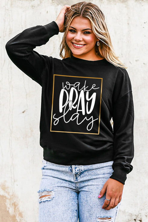Black Wake Pray Slay Glitter Print Pullover Sweatshirt