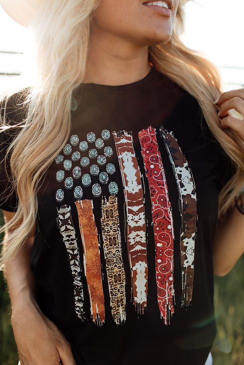 Black Western American Flag Print Short Sleeve Graphic Tee