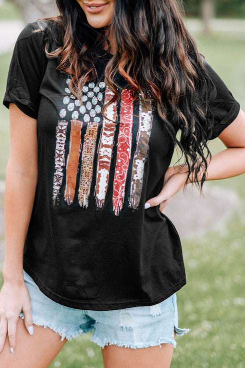 Black Western American Flag Print Short Sleeve Graphic Tee