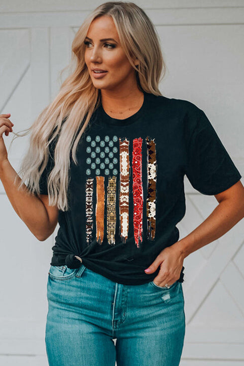 Black Western American Flag Print Short Sleeve Graphic Tee