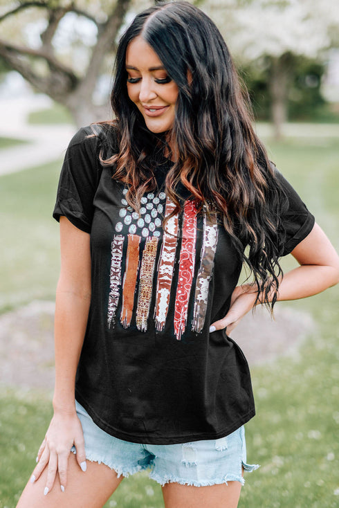 Black Western American Flag Print Short Sleeve Graphic Tee