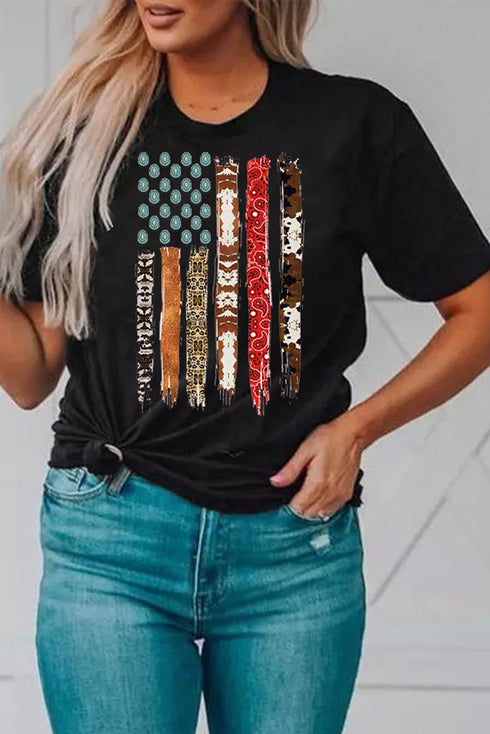 Black Western American Flag Print Short Sleeve Graphic Tee