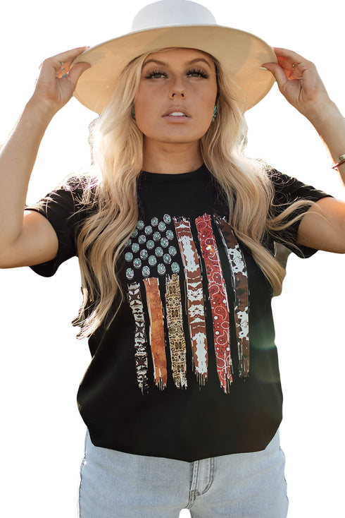 Black Western American Flag Print Short Sleeve Graphic Tee