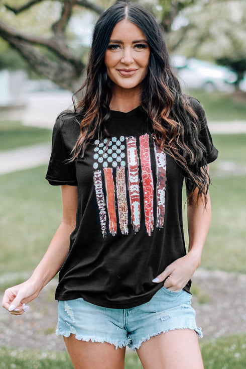 Black Western American Flag Print Short Sleeve Graphic Tee