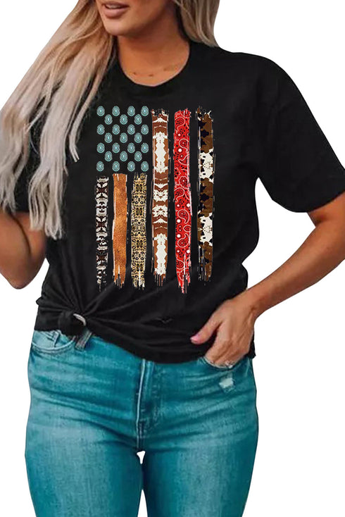 Black Western American Flag Print Short Sleeve Graphic Tee