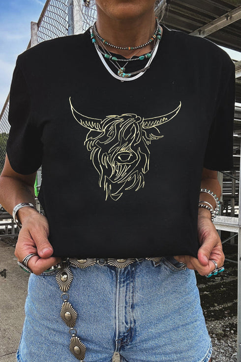 Black Western Bull Head Embroidered Pattern T Shirt