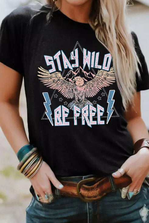 Black Western Eagle Letter Graphic Print Crew Neck T Shirt