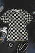 Black Western Fashion Checkerboard Print Side Split T Shirt