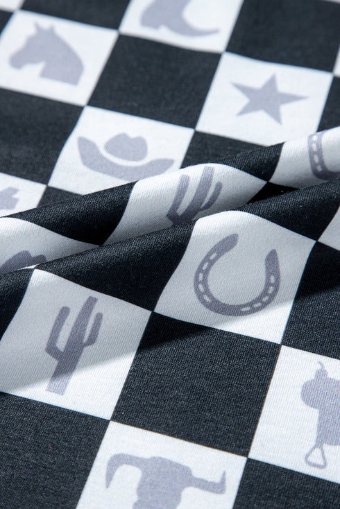 Black Western Fashion Checkerboard Print Side Split T Shirt