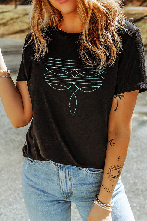 Black Western Fashion Geometric Embroidered T Shirt
