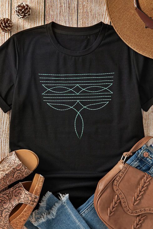 Black Western Fashion Geometric Embroidered T Shirt