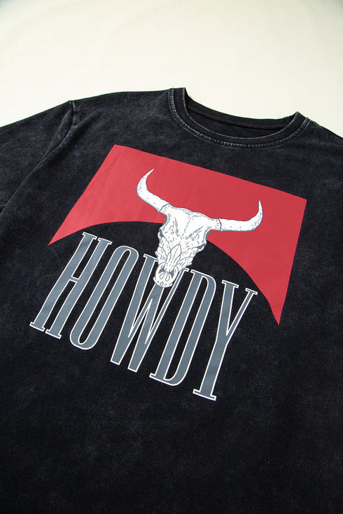 Black Western Howdy Steer Head Print Side Slits Loose Fit T Shirt