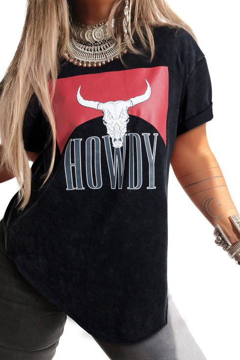 Black Western Howdy Steer Head Print Side Slits Loose Fit T Shirt