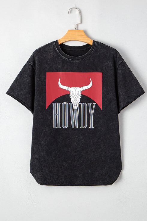 Black Western Howdy Steer Head Print Side Slits Loose Fit T Shirt