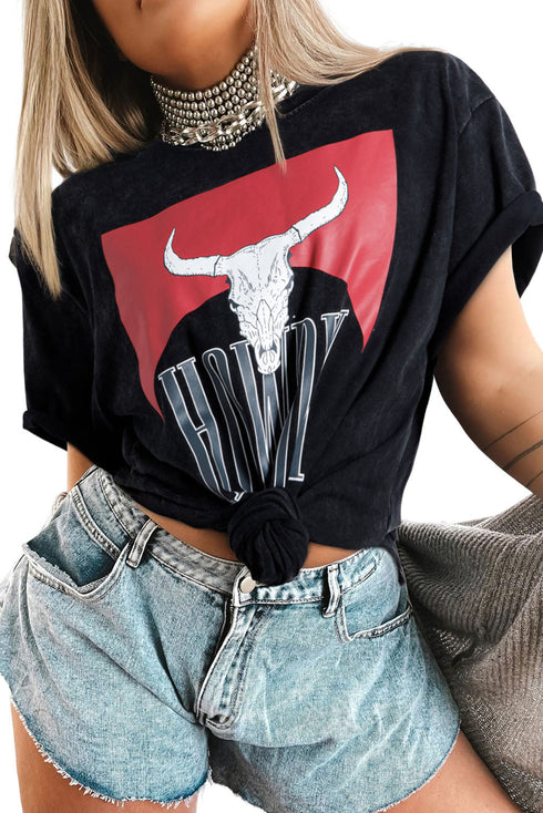 Black Western Howdy Steer Head Print Side Slits Loose Fit T Shirt