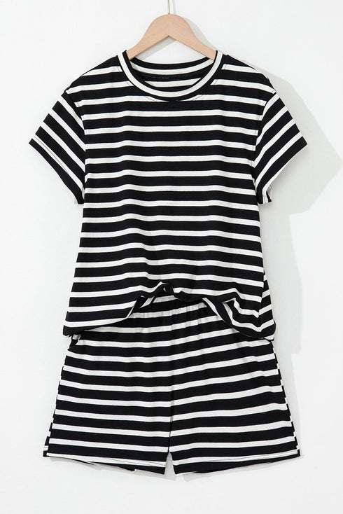 Black White Striped Short Sleeve Top and Shorts Set