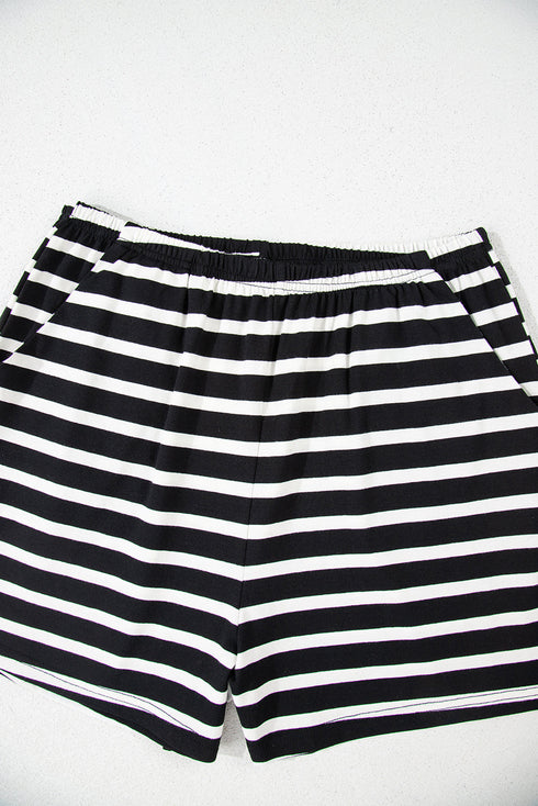Black White Striped Short Sleeve Top and Shorts Set