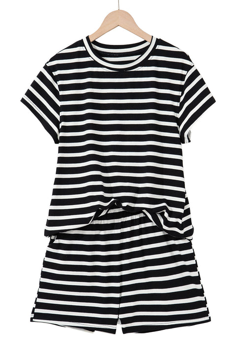 Black White Striped Short Sleeve Top and Shorts Set