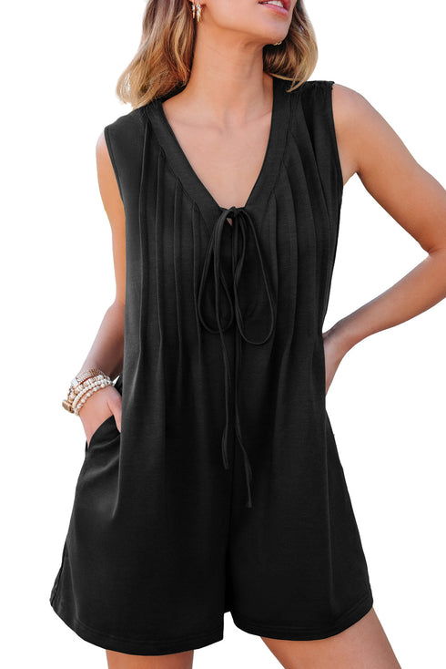 Black white Tie V Neck Pintuck Sleeveless Loose Romper