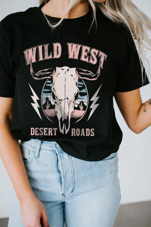 Black Wild West Desert Roads Bull Skull Graphic Tee