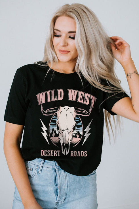 Black Wild West Desert Roads Bull Skull Graphic Tee