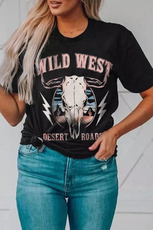 Black Wild West Desert Roads Bull Skull Graphic Tee