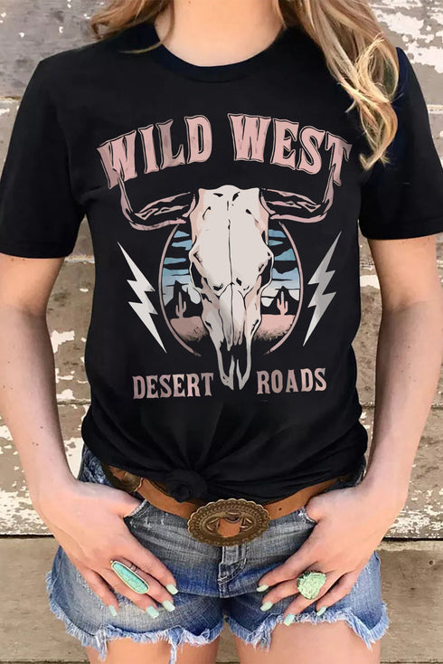Black Wild West Desert Roads Bull Skull Graphic Tee
