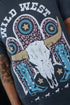 Black Wild West Steer Skull Graphic Print Short Sleeve T Shirt