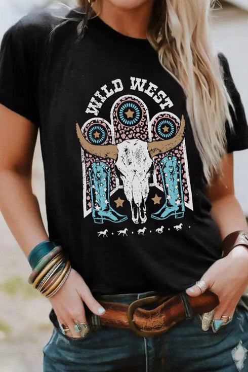 Black Wild West Steer Skull Graphic Print Short Sleeve T Shirt