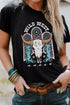 Black Wild West Steer Skull Graphic Print Short Sleeve T Shirt