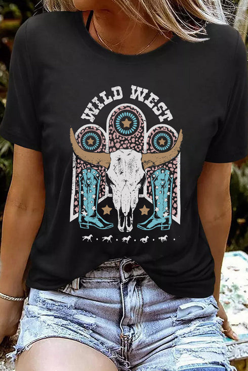 Black Wild West Steer Skull Graphic Print Short Sleeve T Shirt