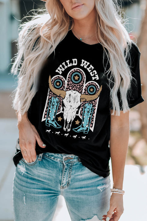 Black Wild West Steer Skull Graphic Print Short Sleeve T Shirt