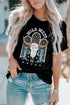 Black Wild West Steer Skull Graphic Print Short Sleeve T Shirt