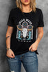 Black Wild West Steer Skull Graphic Print Short Sleeve T Shirt