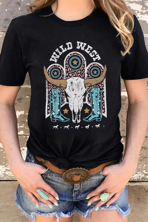 Black Wild West Steer Skull Graphic Print Short Sleeve T Shirt