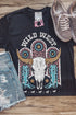 Black Wild West Steer Skull Graphic Print Short Sleeve T Shirt