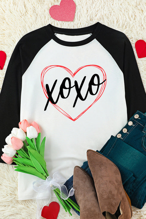 Black Xoxo Heart Graphic Contrast Sleeve Tee