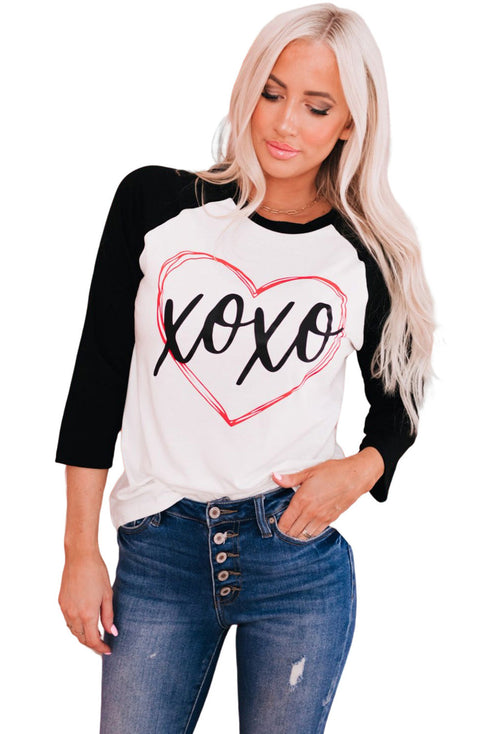 Black Xoxo Heart Graphic Contrast Sleeve Tee