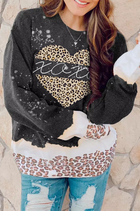 Black Xoxo Heart Leopard Splicing Pullover Sweatshirt