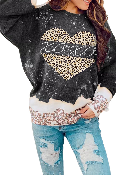 Black Xoxo Heart Leopard Splicing Pullover Sweatshirt
