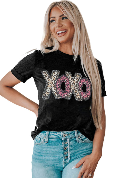 Black Xoxo Leopard Letter Print T Shirt