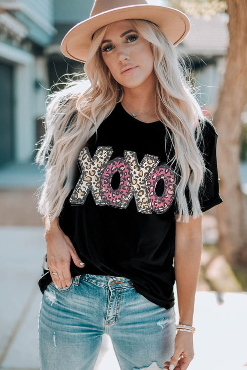 Black Xoxo Leopard Letter Print T Shirt