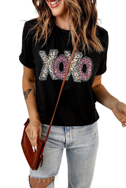 Black Xoxo Leopard Letter Print T Shirt