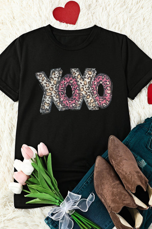 Black Xoxo Leopard Letter Print T Shirt